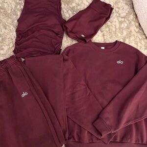 Alo Burgundy Activewear Set - Sweatshirt, Sweatpants, Top, Shorts